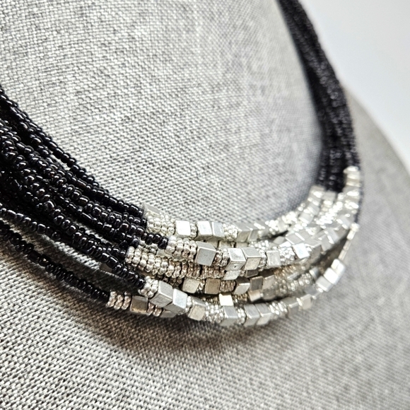Unique Black Seed Bead Multi-Strand Necklace Silver-Tone Accents Boho - Picture 2 of 6